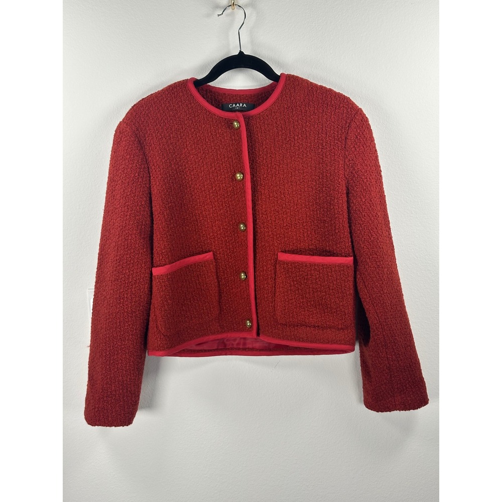 CAARA Joe Relaxed Fit Cropped Wool Boucle Red Jacket Rollneck Tweed Old Money - Picture 2 of 12